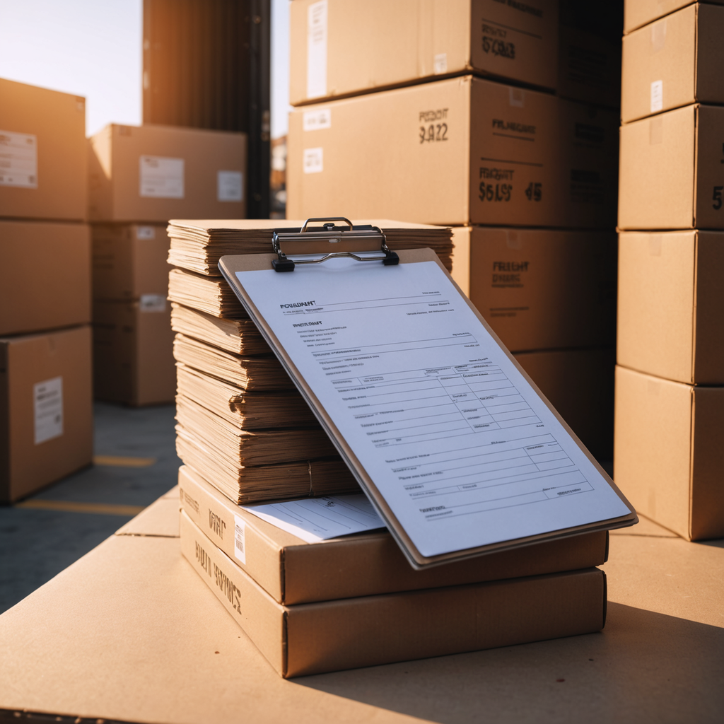 A freight clipboard against stacked import boxes.