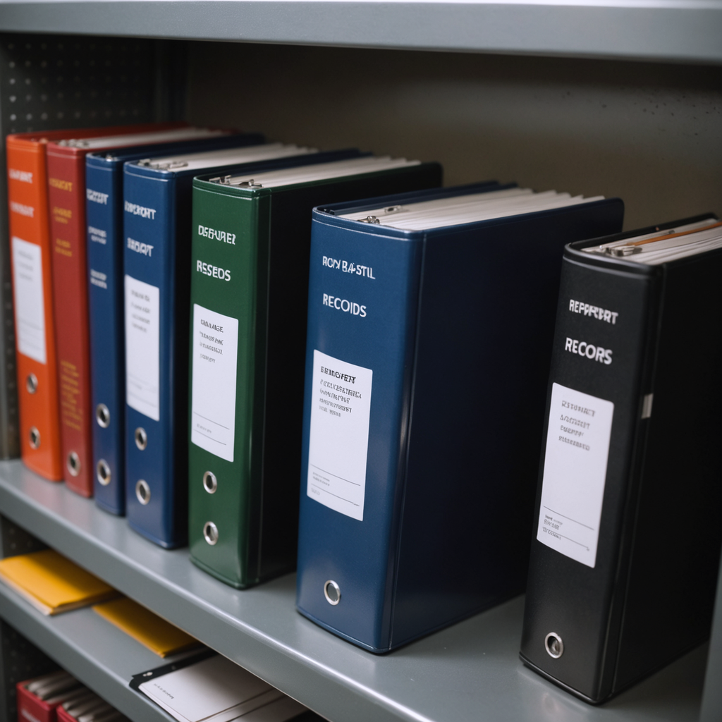 Organized import-entry binders on a metal shelf.