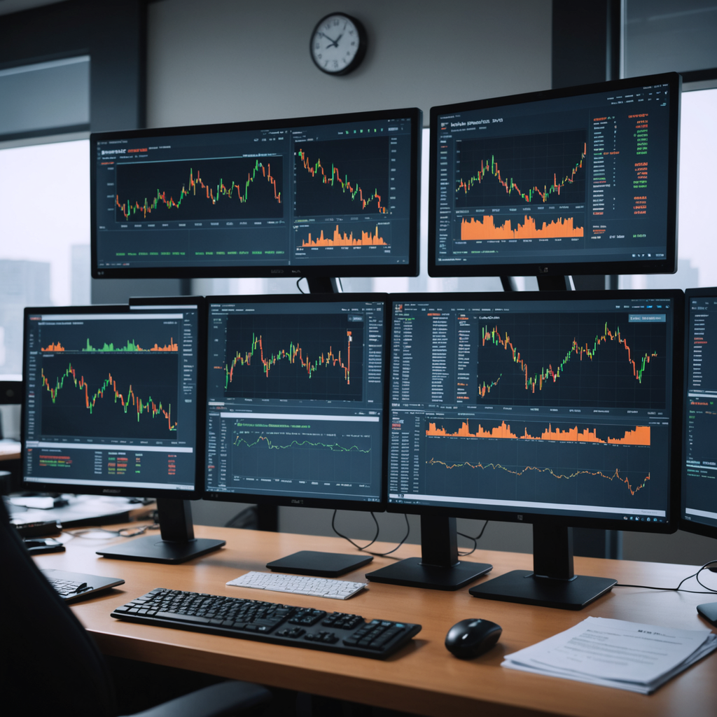 An analyst desk with monitors showing trade dashboards.