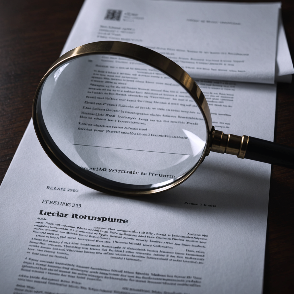 A magnifying glass over tabbed legal documents.