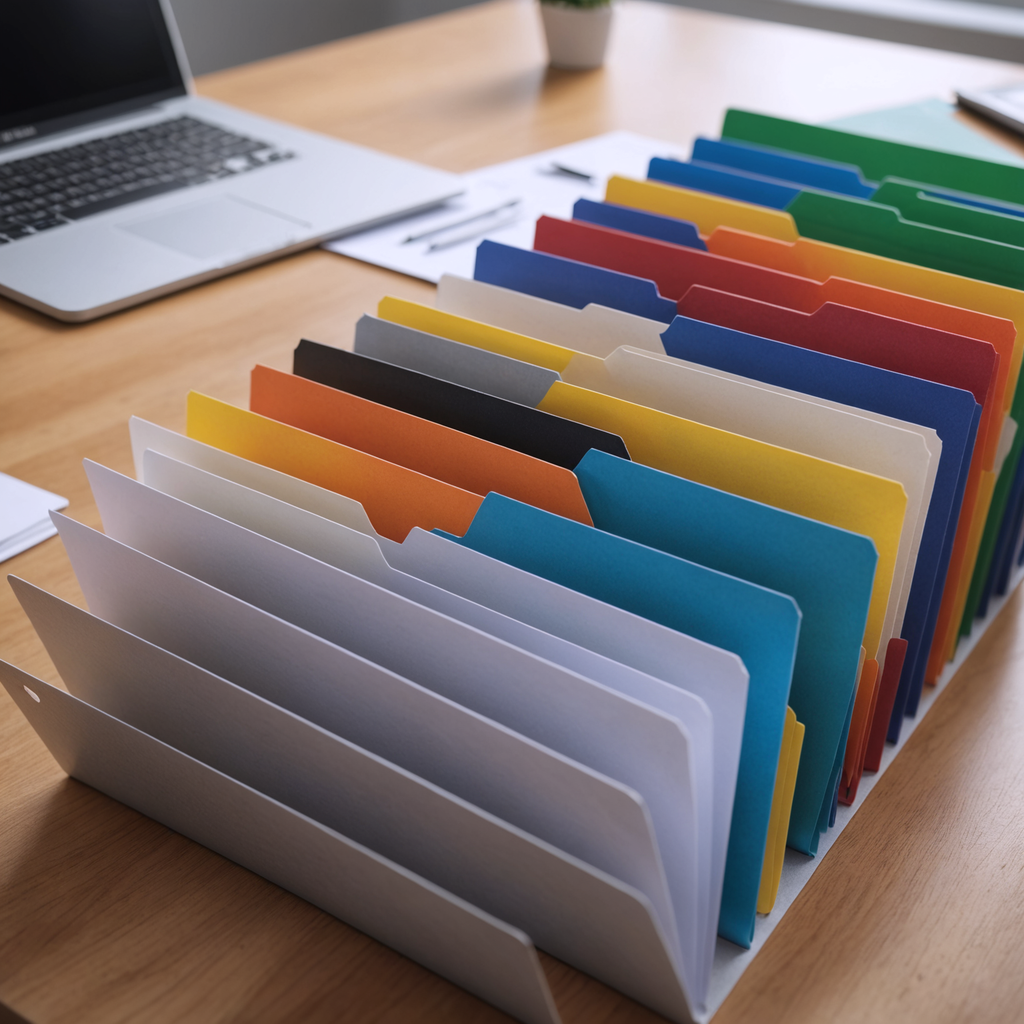 Folders separated by colored tabs on a clean desk.