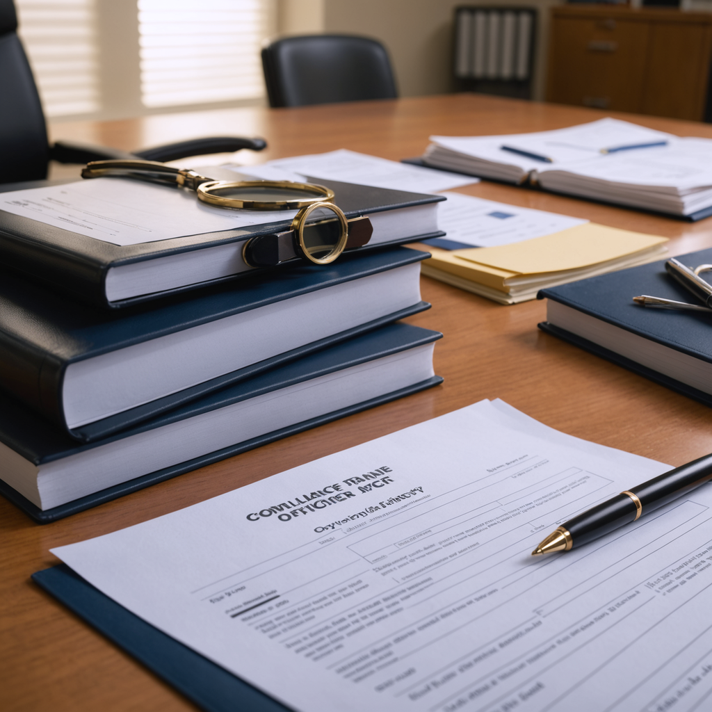 A compliance desk with stacked entry files and a magnifier.
