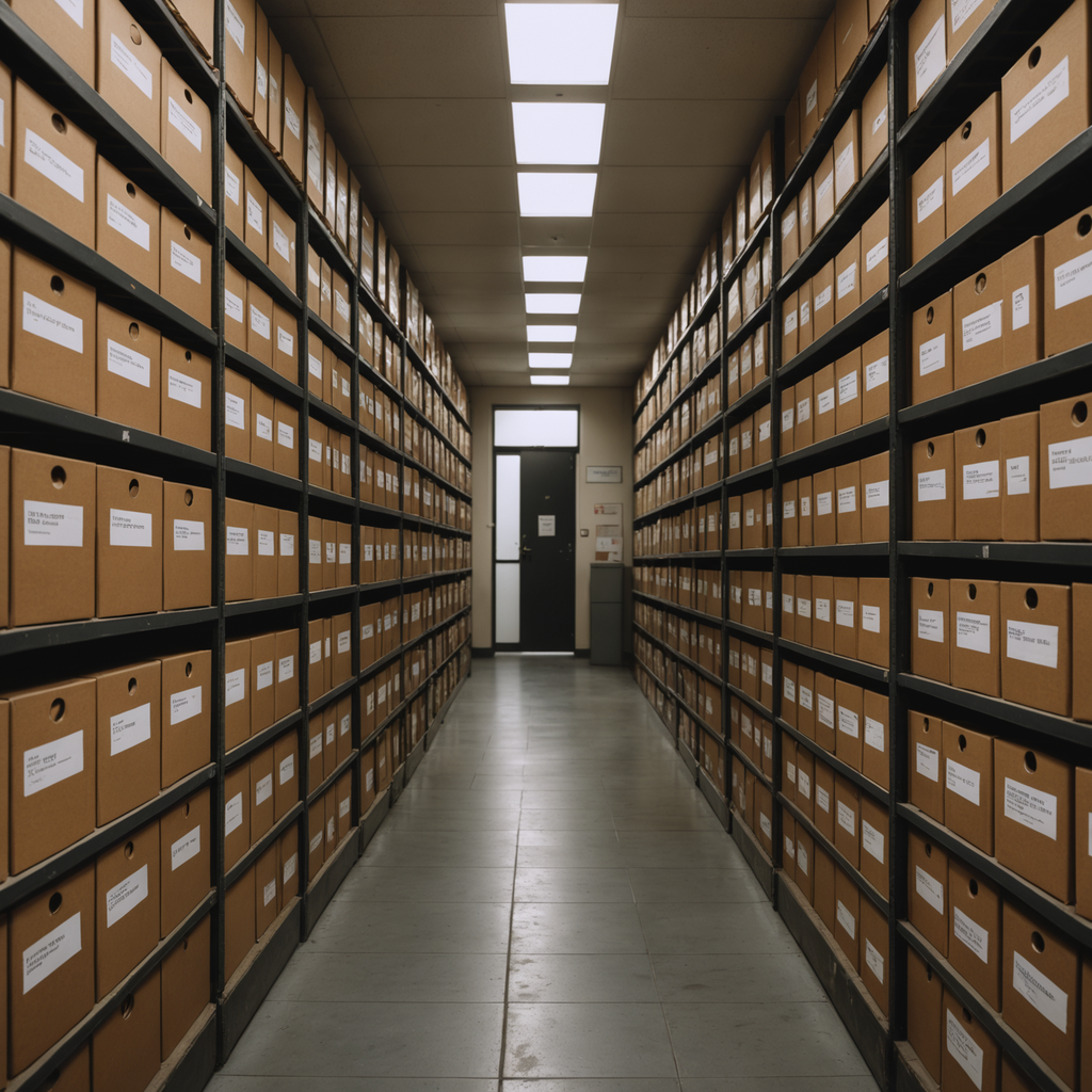 An archive corridor of compliance record boxes.