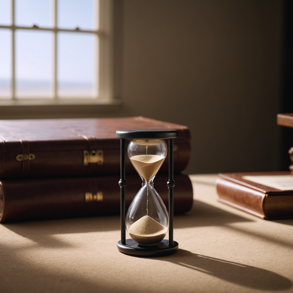 A sand timer running low beside a closed portfolio.