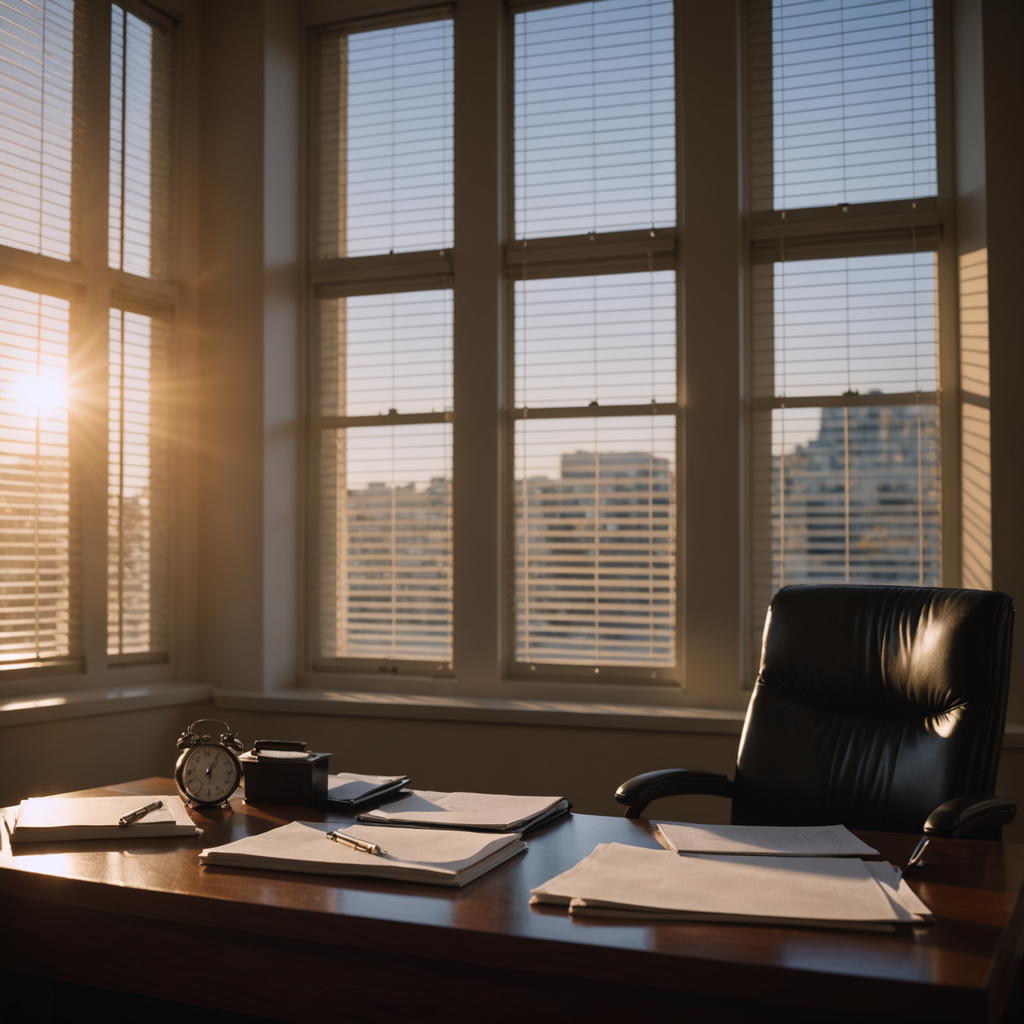 A wall clock above a tidy law office desk at dusk.