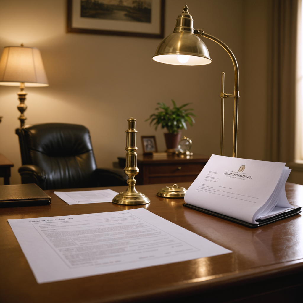 A folder of authorization paperwork beside a desk lamp.