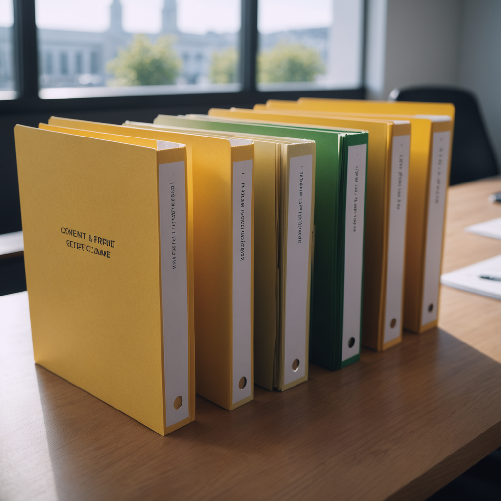 Three folders arranged left to right on a desk.