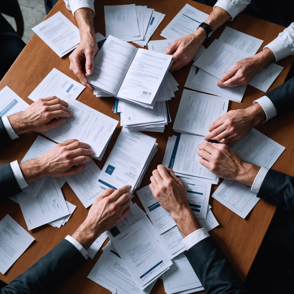 Hands organizing documents into sequential piles.