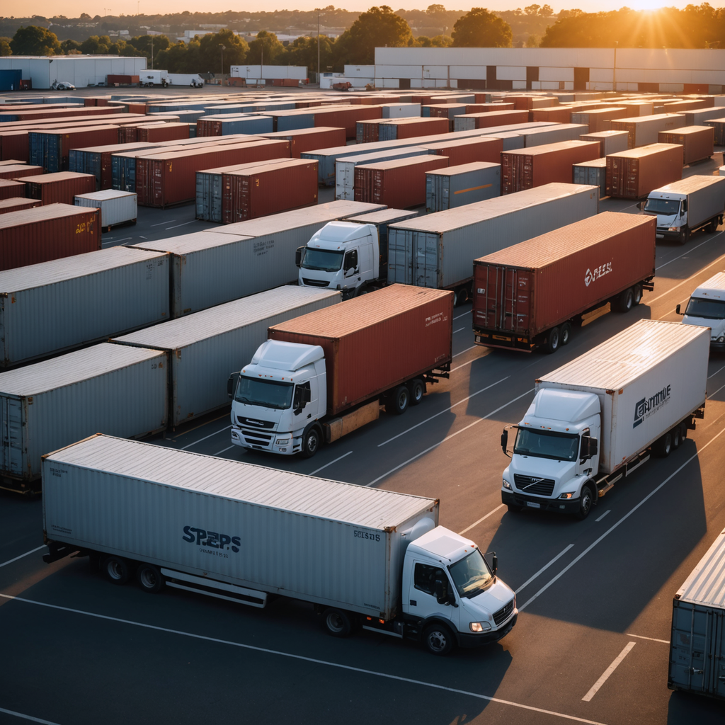 A logistics yard with import containers and a truck.