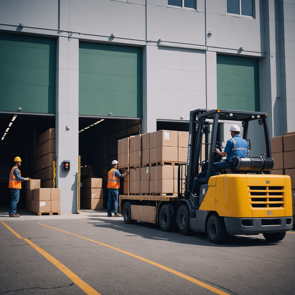 An industrial loading dock with palletized goods.