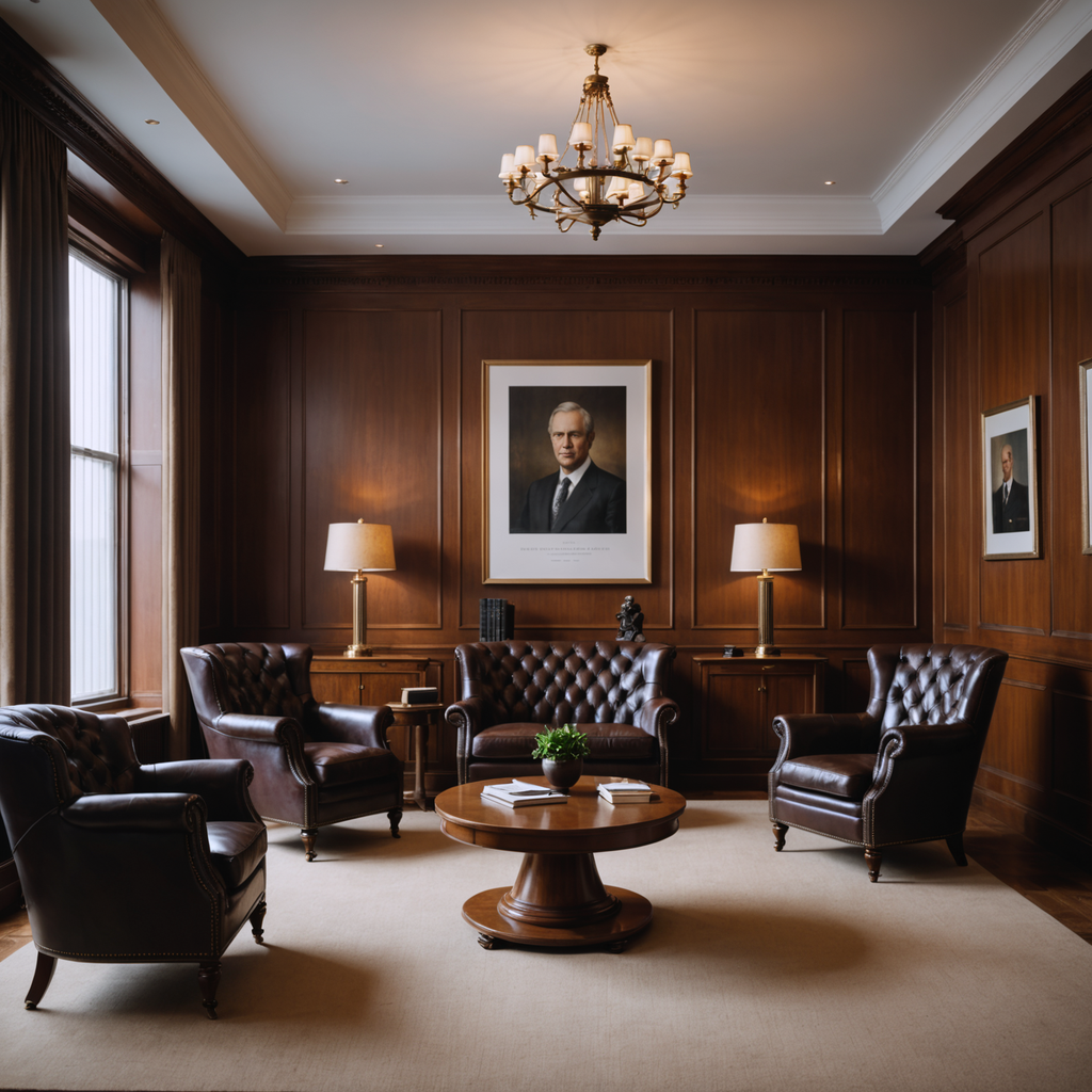 A prestigious law office library with leather chairs.
