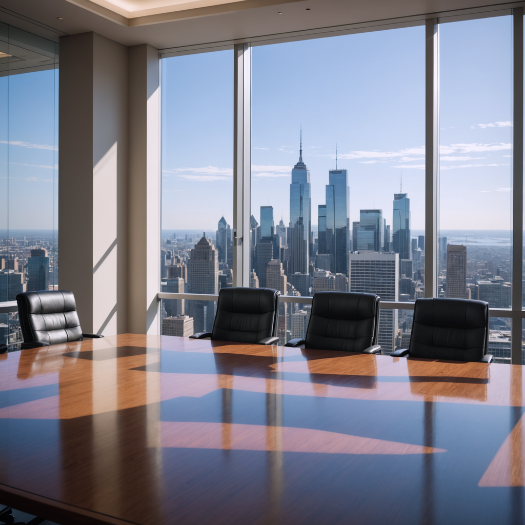 A conference table in a high-rise law office over a skyline.