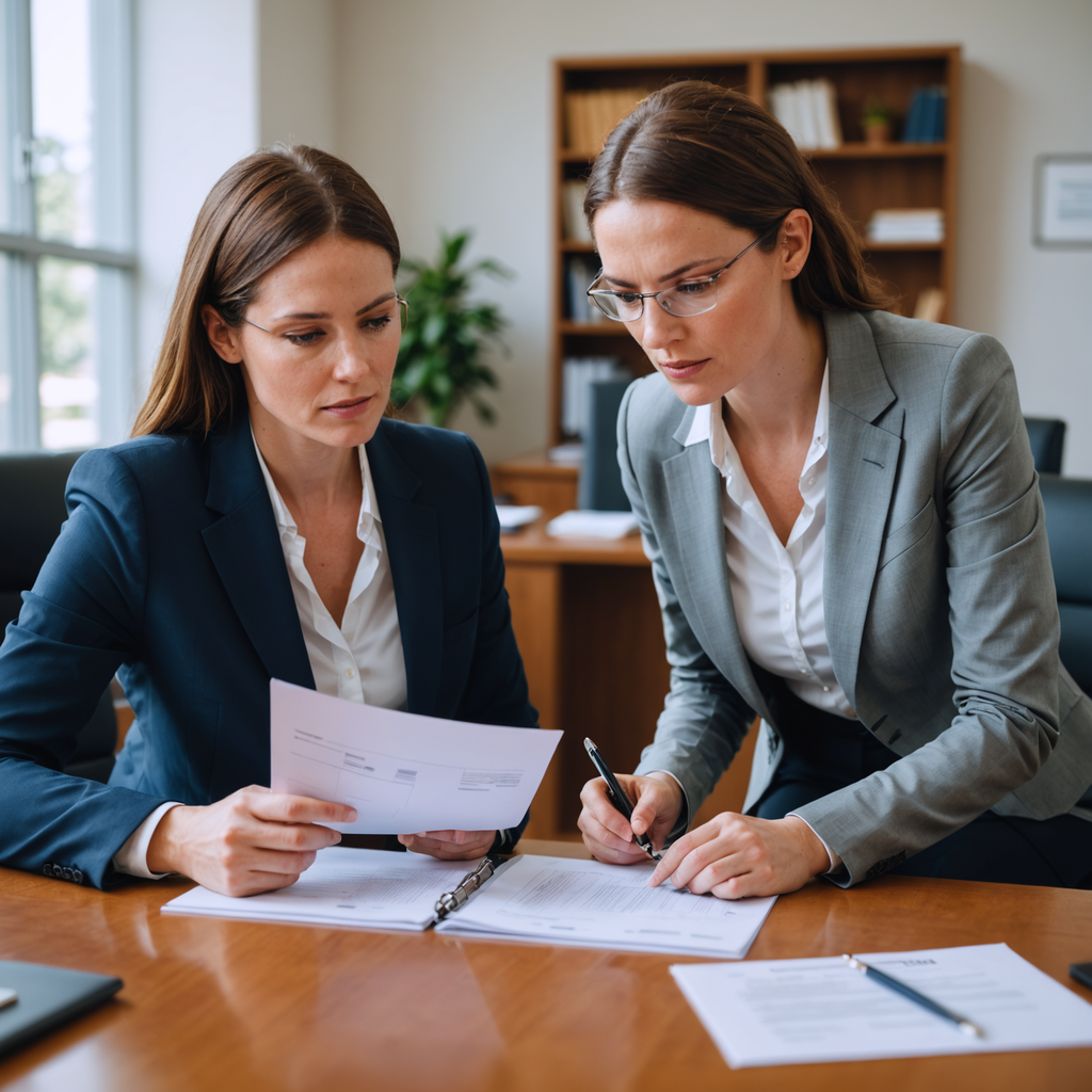Two professionals reviewing a folder in a law office.