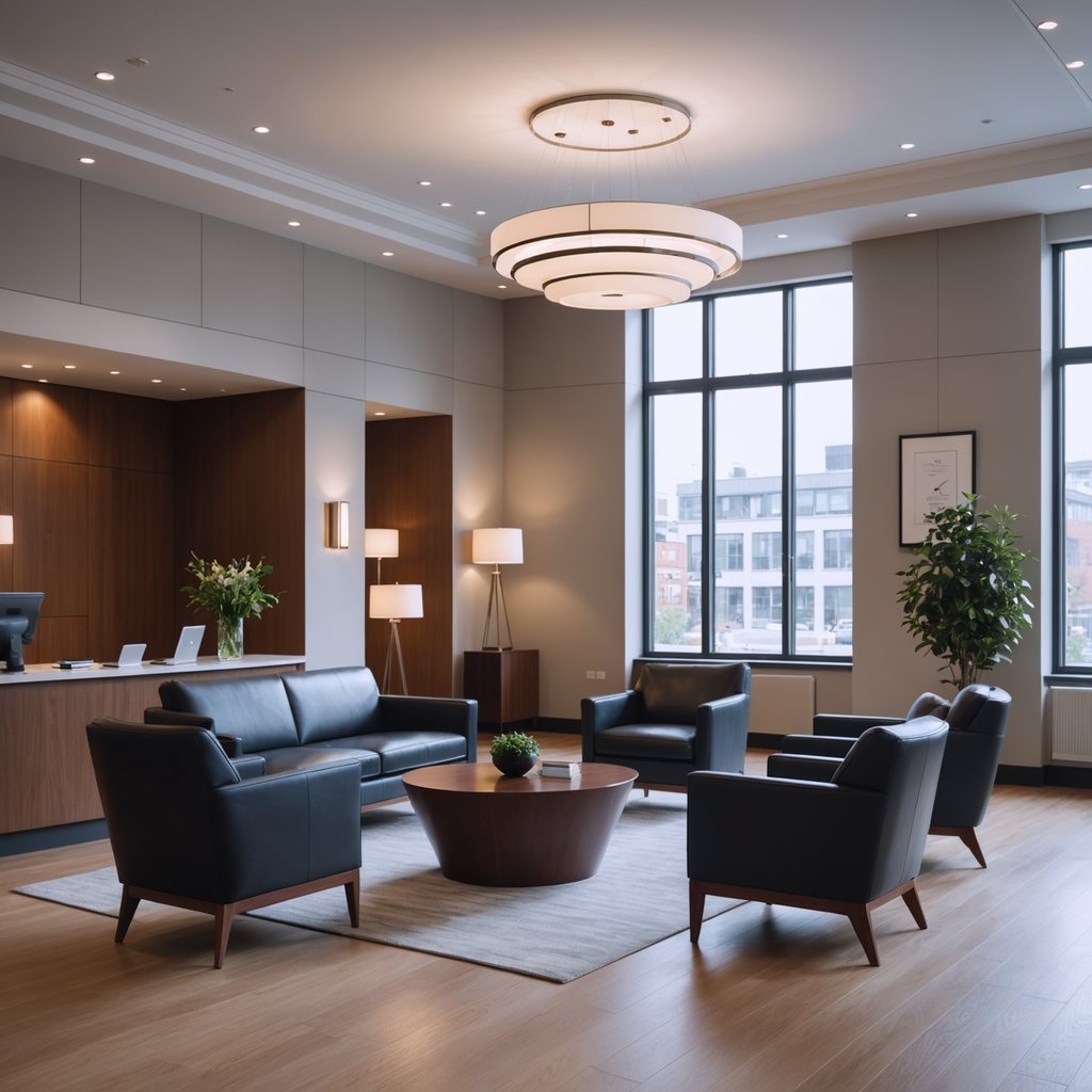A welcoming law firm reception lobby in daylight.