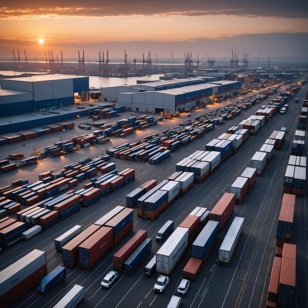A supply chain of trucks, ships, and warehouses at dusk.