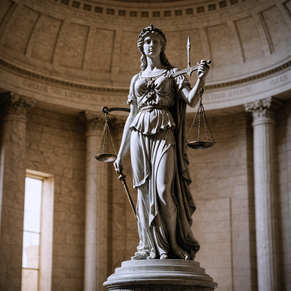 A marble Lady Justice statue holding scales.