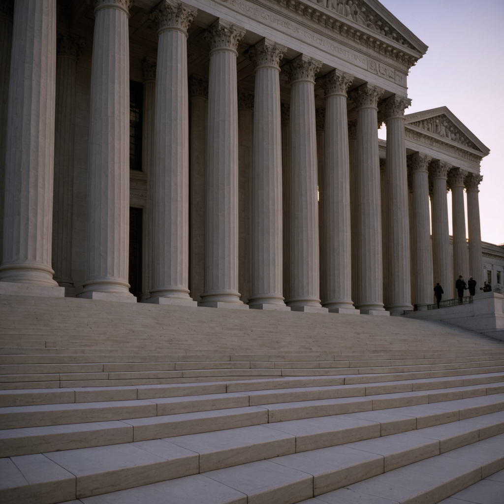 The Supreme Court steps and pillars at dawn.