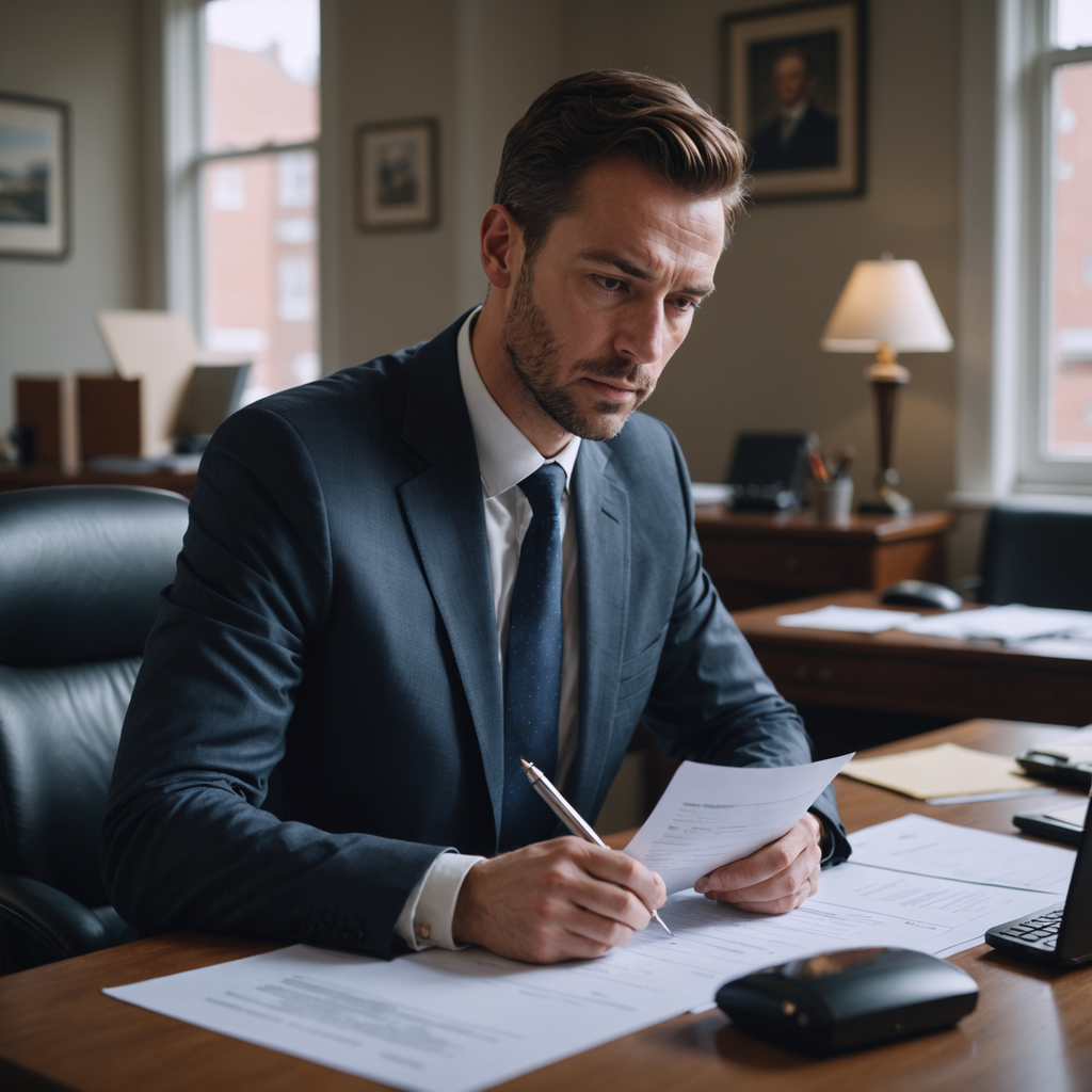 A professional reviewing a document at a quiet desk.