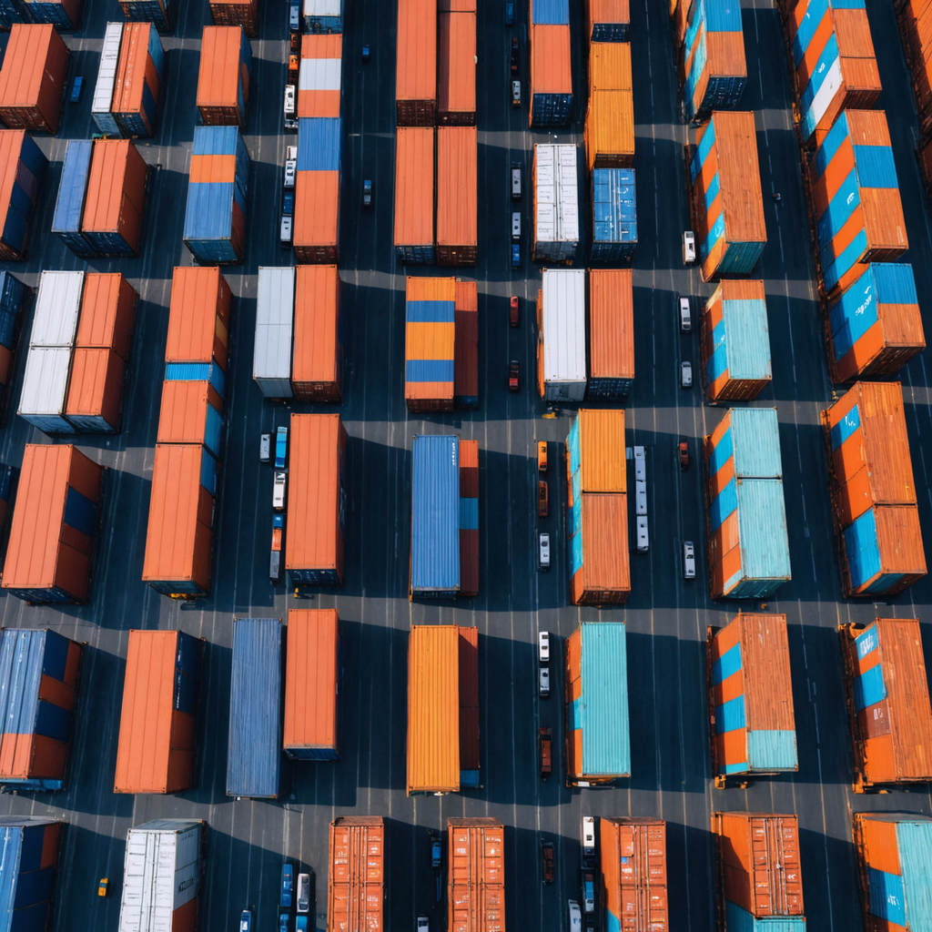 Stacked shipping cargo containers at a port terminal.