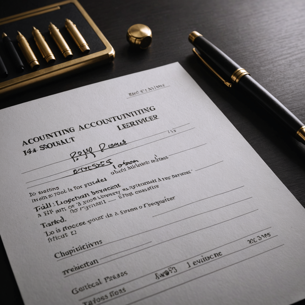 An accounting ledger and pen on an executive desk.